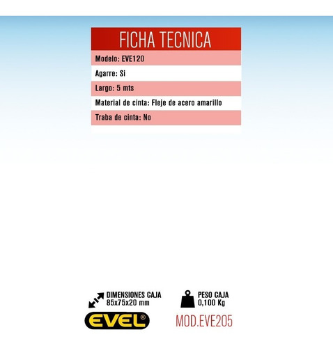 Imagen 2 de 5 de Cinta Metrica De Acero 5 Metros Evel Fleje Acero Amarillo