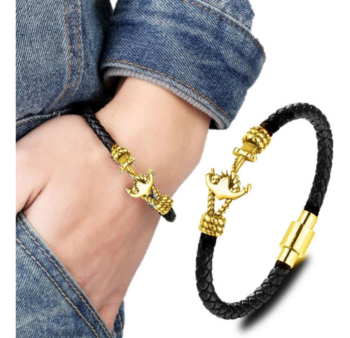 Imagem 1 de 3 de Pulseira De Couro Náutica Âncora Luxo Prateada / Dourada