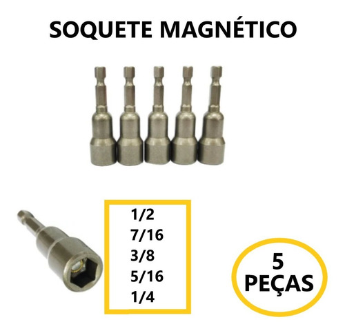 Imagem 3 de 3 de Jogo Soquetes Magnéticos Parafusadeira 65mm 5 Peças Aço