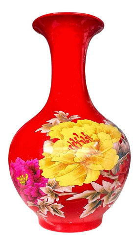 Vaso Chinês De Porcelana Vermelho Com Rosas Amarelas 36 Cm
