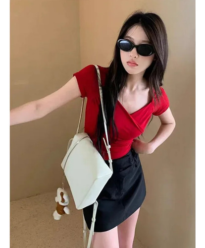 Camiseta De Algodón Con Cuello En V Y Manga Corta Para Mujer
