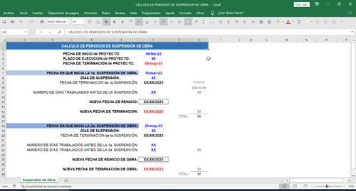 Plantilla Excel P/calculo De Periodos De Suspension De Obra