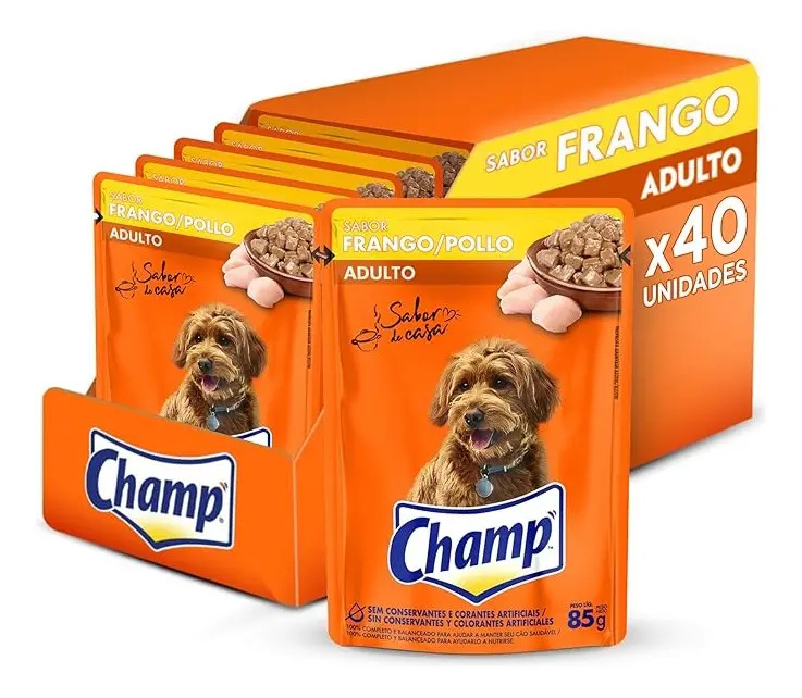 Ração Úmida Champ Cães Adultos Sabor Frango 85g Kit 40 Sachês