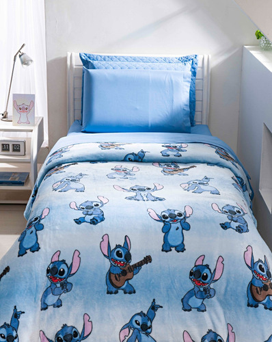 Andreza Enxovais Manta Disney Stitch solteiro infantil cor azul