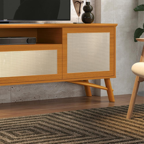 Rack Para Tv 75 Polegadas Com Pés Em Madeira Rattan 178cm Cor Cedro