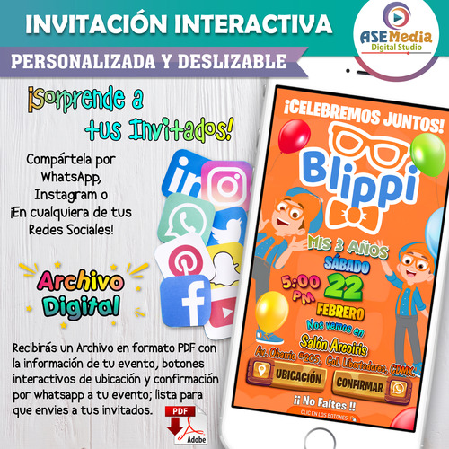 Invitación Interactiva Blippi Botón Mapa Whatsapp Blippi