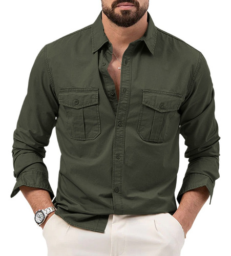 Camisa Multibolsillos Hombre, Blusa Informal De Manga Larga