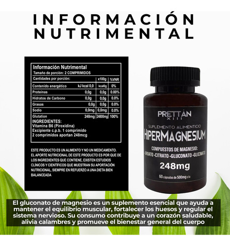 Hipermagnesio Glicinato Citrato Gluconato Prettan 500mg 60c