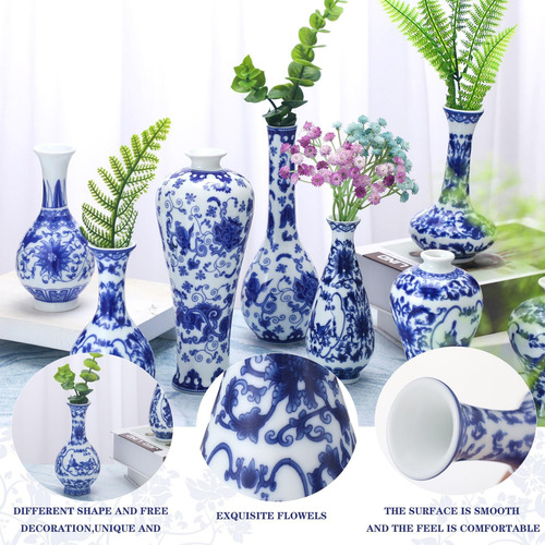 Hushee Juego De 8 Jarrones Chinoiserie De Porcelana Azul Y B