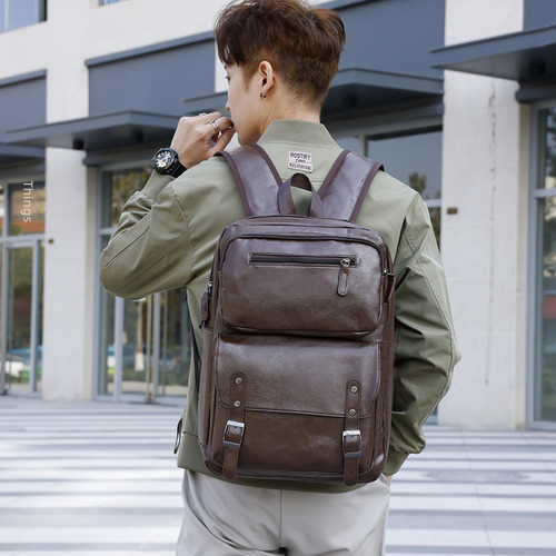 Mochila De Doble Hombro De Cuero Pu De Moda Con MĂșltiples Bolsillos