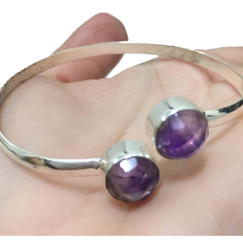 Pulseira Bracelete Indiano Ametista Natural Banhado A Prata