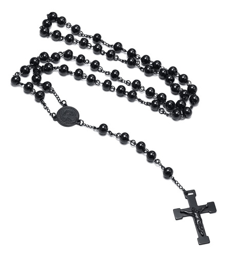 Collar Largo Unisex De Acero Inoxidable Negro Cruz Católica
