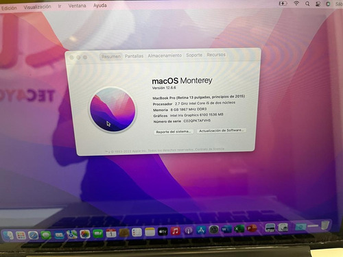 Macbook Pro 2015 Core I5 ,8gb Ram 256 Solid 13.3 PuLG Woooow (Reacondicionado)