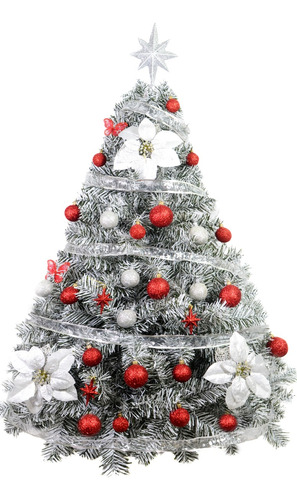 Árbol De Navidad Premium 1,30 Con Adornos Rojo Y Plata