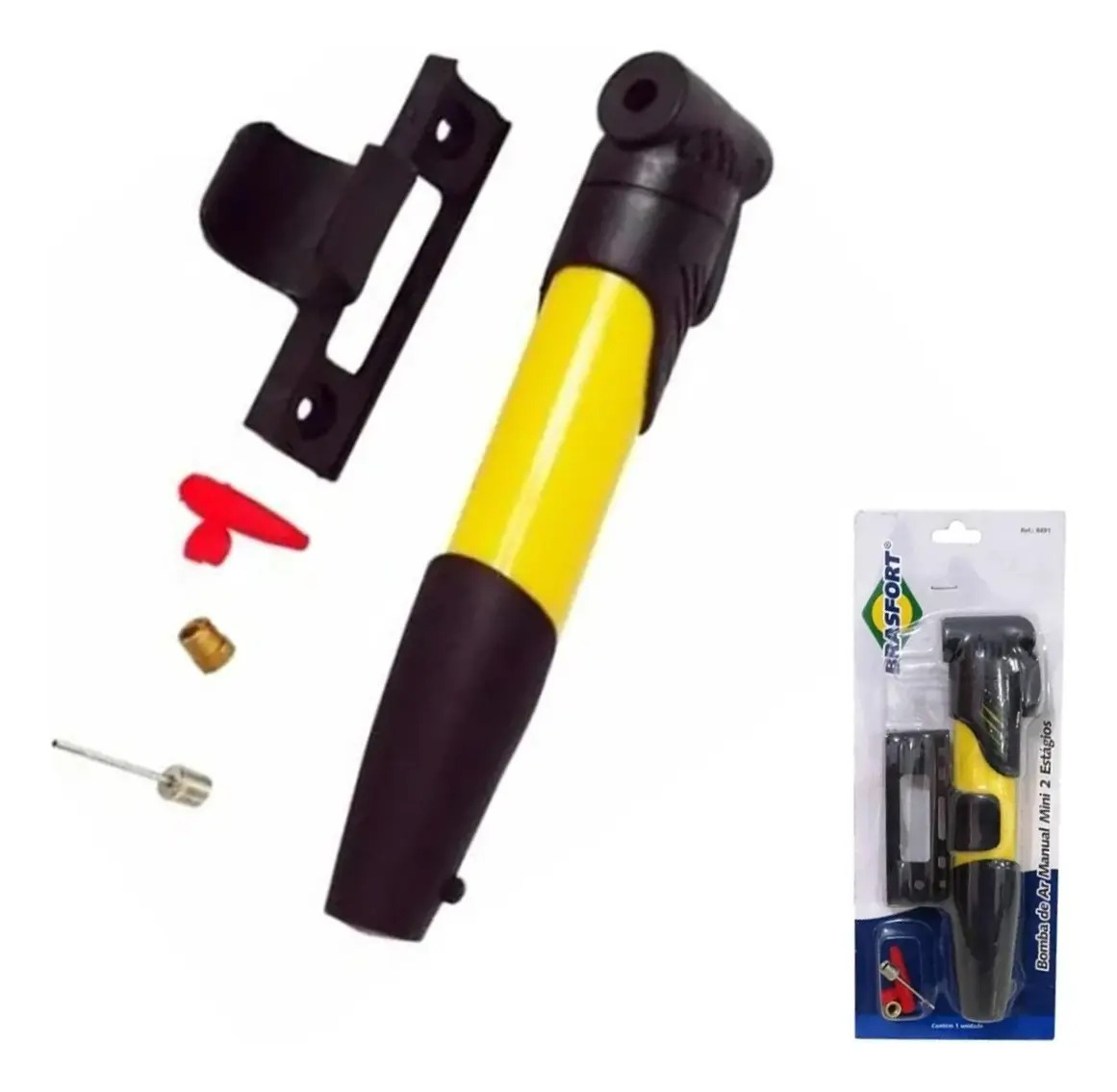 Bomba Ar Manual Mini Para Encher Pneu Bike Bola C/3 Bicos Cor Preto Com Amarelo