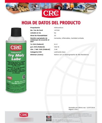Lubricante Seco De Molibdeno 3084 Crc Industries 12 Pzas.