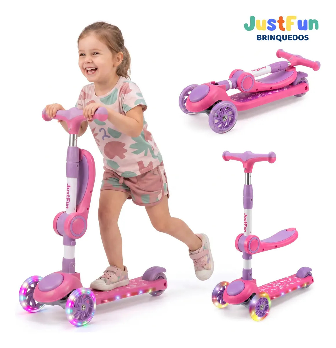 Patinete Infantil 3 Rodas Assento Ajustável Led Musical 2em1 JustFun Brinquedos Cor Rosa