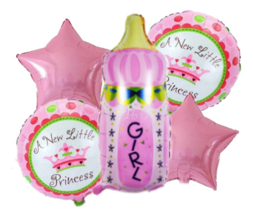  Set Globos Metalizados Mamadera Es Niña 55 Cm X 5pzas.