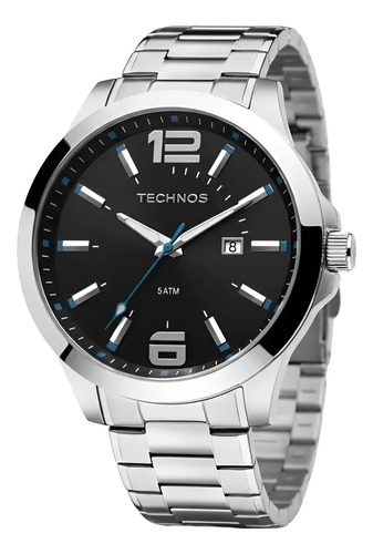 Relógio Masculino Technos de Aço Inoxidável Prata, 45mm, com Calendário