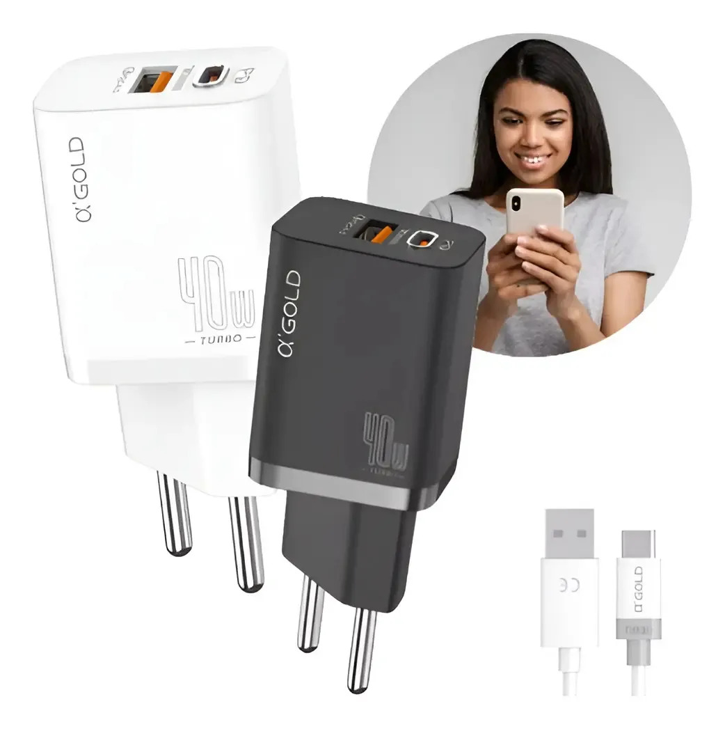 Fonte Carregador Turbo Rápido 40w Duas Entradas Universal C Cor Preto