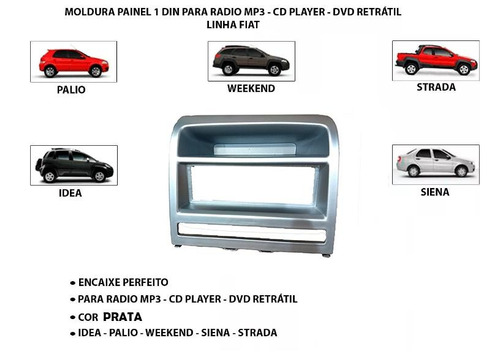 Moldura Rádio 1din Idea 2005 2006 2007 2008 Até 2012 Prata