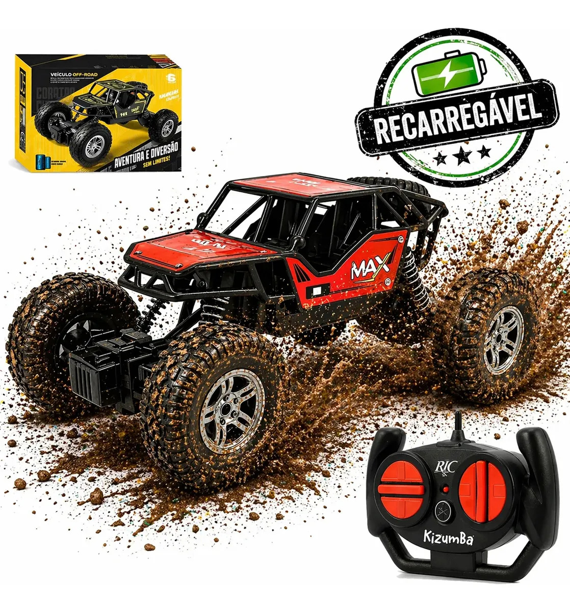 Carrinho Controle Remoto Rally Jipe Max Carro Grande Bateria Recarregavel Off Road Com Amortecedores 4x4 Brinquedo Kizumba