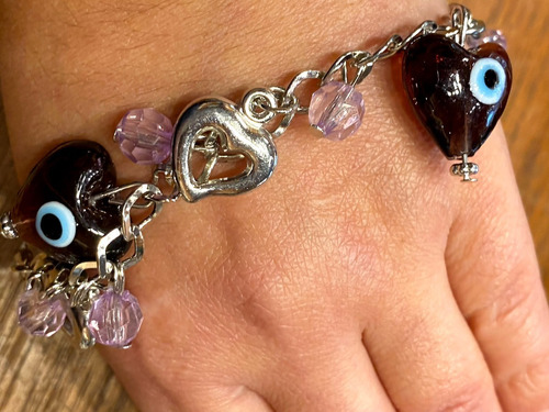 Luli Pulsera Dijes Cristal Murano Lila Ojo Turco Corazon