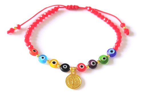 Pulsera Ojo Turco En Cristales Y Medalla San Benito