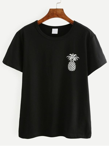 Camiseta De Algodón Negra, Pineapple, Piña Manga Corta