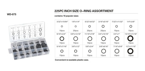 Caja Set Estuche Kit Oring Sellos 18 Tamaños 225 Pcs Pulgada