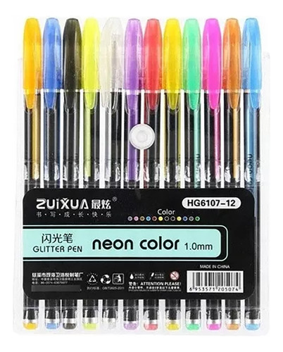 Pack 12 Lapices Gel Boligrafos Neon Glitter Pluma Lapiz 1mm