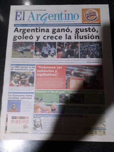 Tapa Diario El Argentino 18 6 2010 Maradona Selección Argent