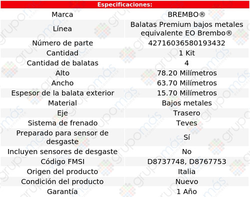 Balatas Traseras Bajos Metales Slk280 06 Al 08 Brembo