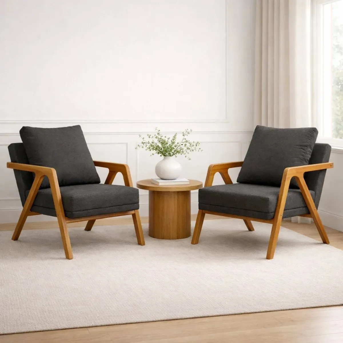 Conjunto 2 Poltronas Decorativa Mona Luxo Para Sala De Estar E Recepção Com Pés Em Madeira Maciça Cor Linho Cinza Escuro