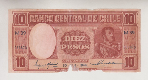 Billete Chile 10 Pesos 30 Agosto 1944 Fecha Escasa (c85)