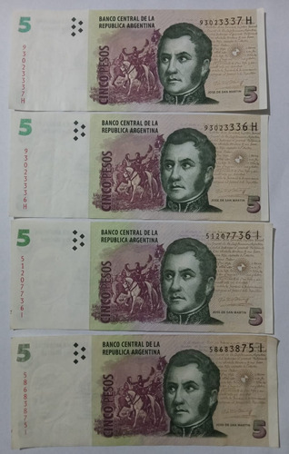 4 Billetes De Cinco Pesos Reposición