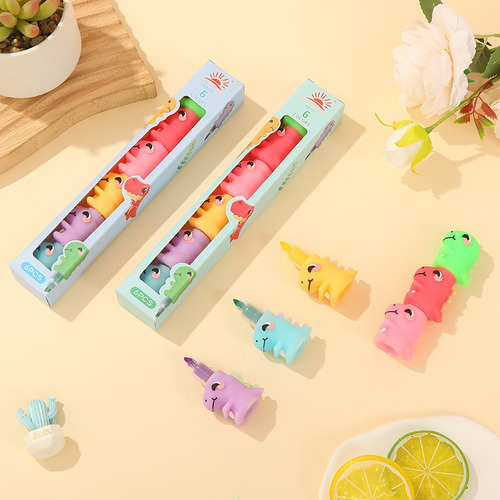 Kit Com 5 Caneta Marcador De Texto Mini Dinossauro Fofinho