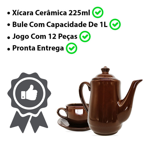 Imagem 2 de 7 de Jogo De Cha Em Ceramica Marrom Cafe 12pçs Com Bule Pires