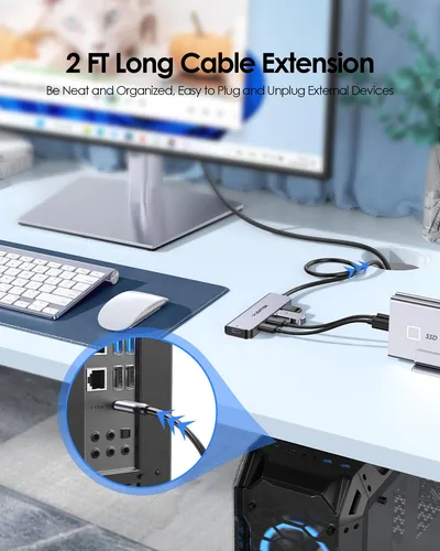 Hub Usb C 2 Pies 4 Puertos 10 Gbps Carga Pd 100 W Gris