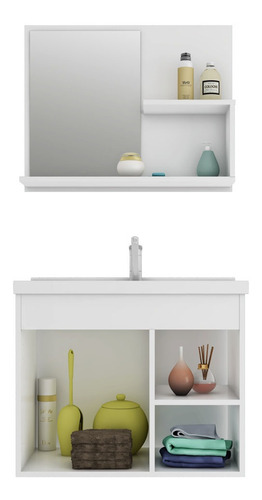 Conjunto Gabinete P/ Banheiro 1 Porta 2 Gavetas E Espelheira Cor do móvel Amêndoa/Branco