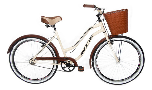 Bicicleta  de passeio Ntz Bikes Vintage Retro aro 26 M 1v freios v-brakes cor bege com descanso lateral