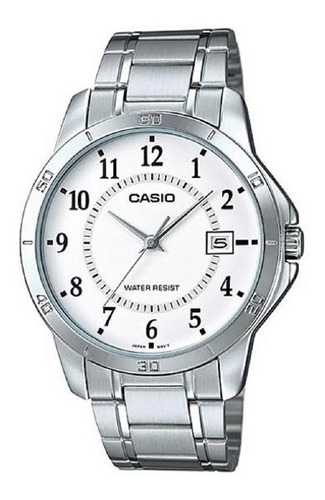 Reloj pulsera Casio MTP-V004 con correa de acero inoxidable color plata - fondo blanco