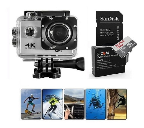 Câmera Pro Full Hd 4k Prova D'água Capacete Sd Bateria Extra