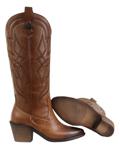 Bota Vaquera Alta Mujer Tacón Cómodo Cowboy Botines Bordado