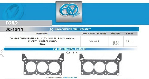 Junta Empaque Cabeza Ford Cougar,f150,taurus,f100 82-94 3.8l