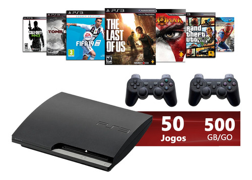 Sony Playstation 3 Slim/super Slim 500gb + 2 Controles + Jogos + Garantia+ Fifa + Gta V + Naruto Cor Charcoal Black