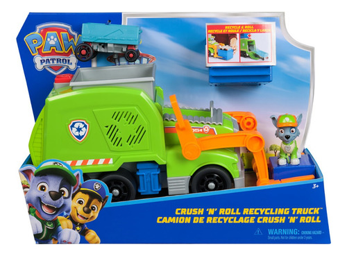 Paw Patrol: Crush N Roll Recycling Truck Con Figura De Acción De Rocky Y Vehículo De Basura Compactada Transformable, Juguetes Para Niños Y Niñas A Partir De 3 Años
