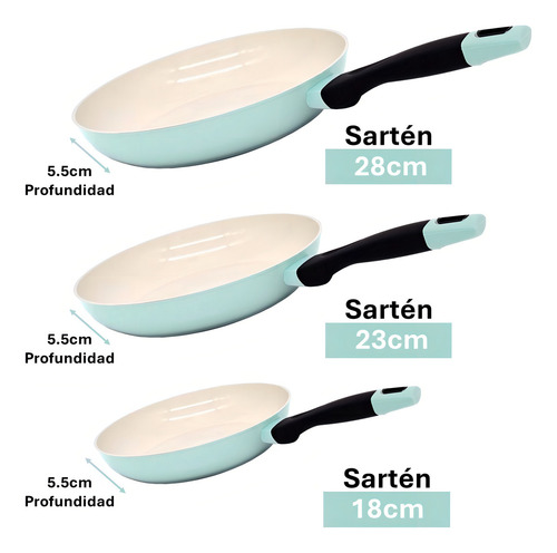 Jgo 3pz Sartenes Ceramica Antiadherente C/ Fibra De Carbon Color Beige/jade