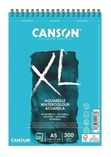 Block Canson Xl Aquarelle 300 Grs 20 Hojas A5 Con Espiral