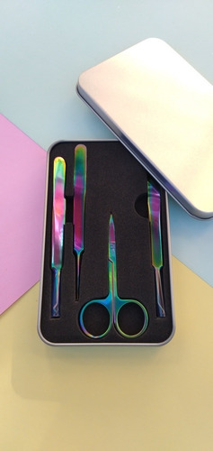 Set De Pinzas, Tijera Y Estuche, Pestañas, Uñas Arcoiris